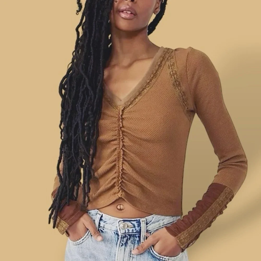NWOT Free People ‘Wear Me Out’ Thermal Mesh Lace Cuff Sleeve Top in “Olive Leaf”